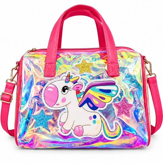 Girls Holographic Unicorn Shoulder Bag | Cute Rainbow Unicorn Handbag with Adjustable Sling Strap
