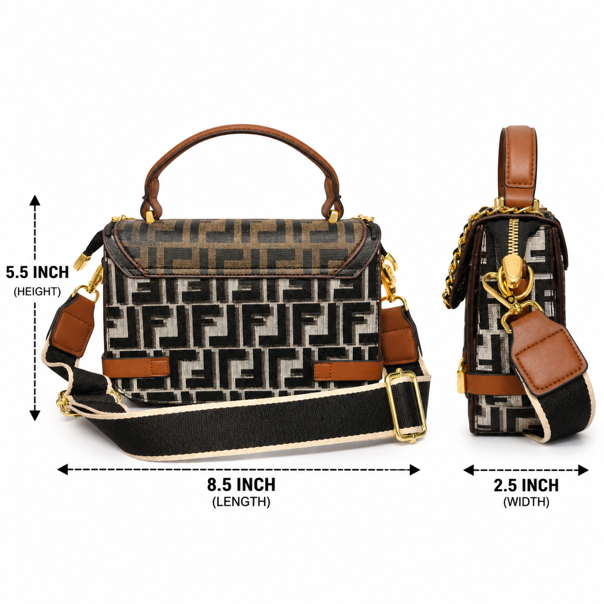 Stylish Black & Brown Geometric Pattern Handbag with Adjustable Shoulder Strap