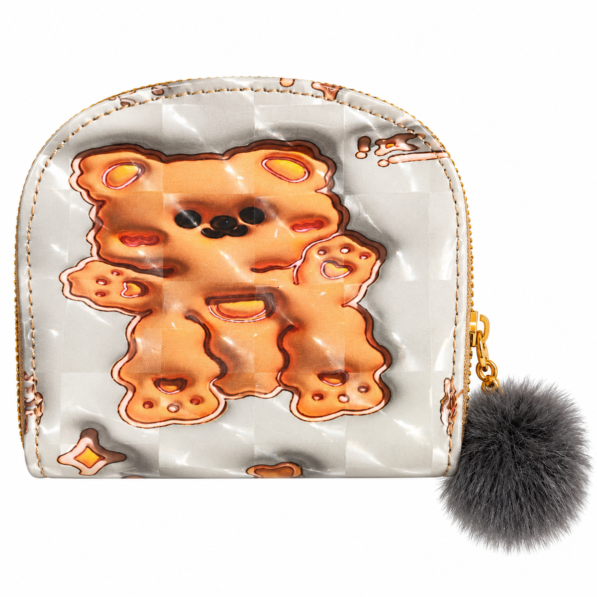 Cute cartoon character zip coin purse wallet with pom pom keychain and multi compartment storage