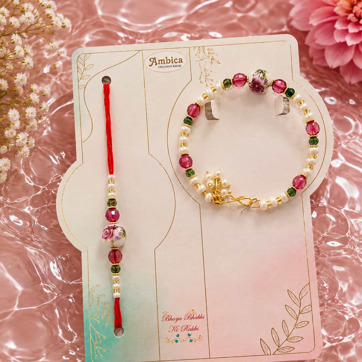 Premium Bhaiya Bhabhi Rakhi Set with Bracelet | Heavy Metal Charm | Designer Pearl Rakhi