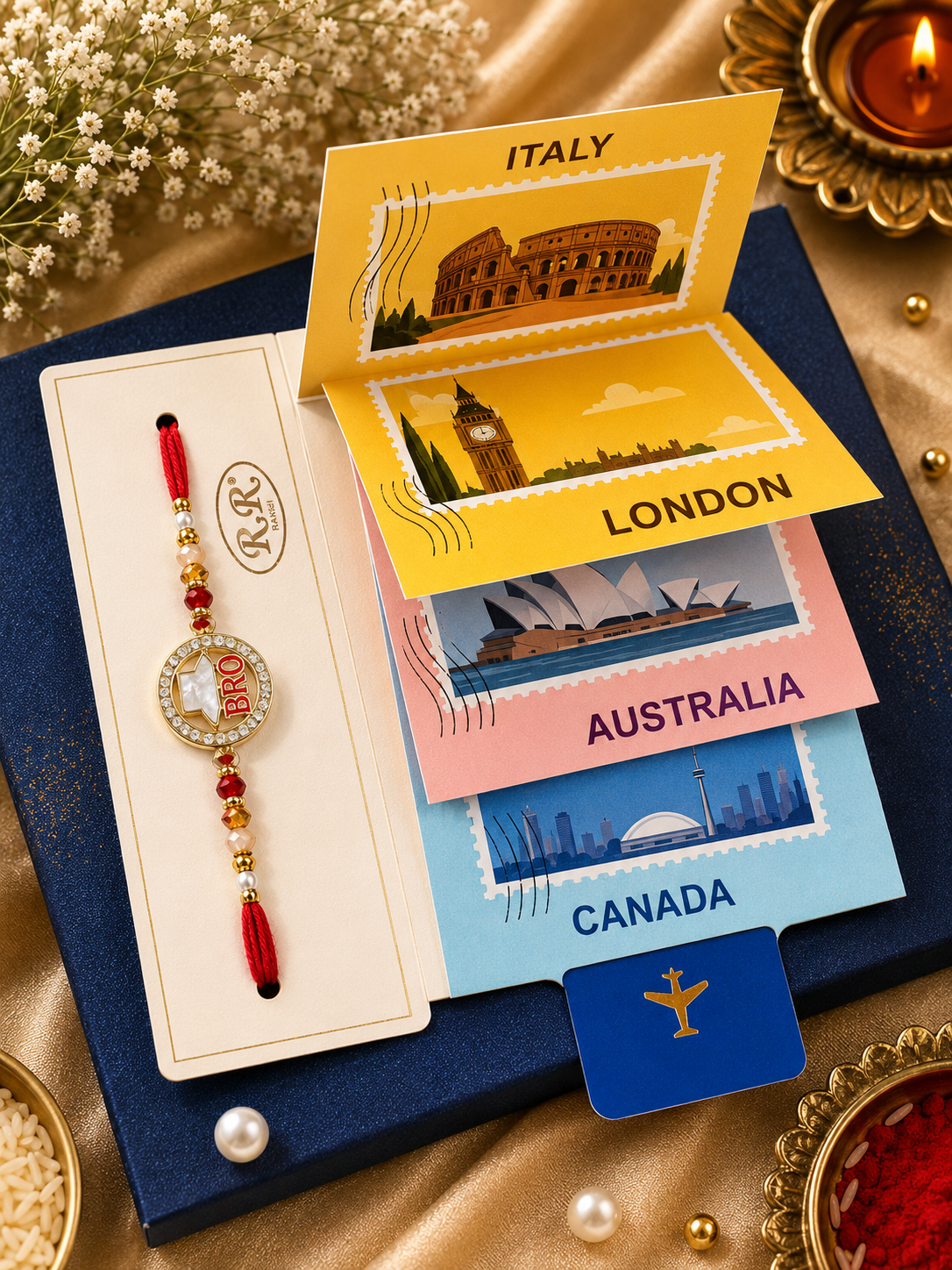 Premium AD Mother of Pearl Travel Theme BRO Rakhi for Brother - Designer Raksha Bandhan Rakhi