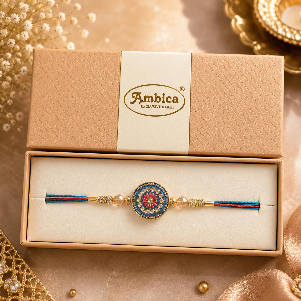 Premium Spinner Rakhi with AD Floral Charm | Heavy Metal Designer Rakhi | Luxury Gift Box