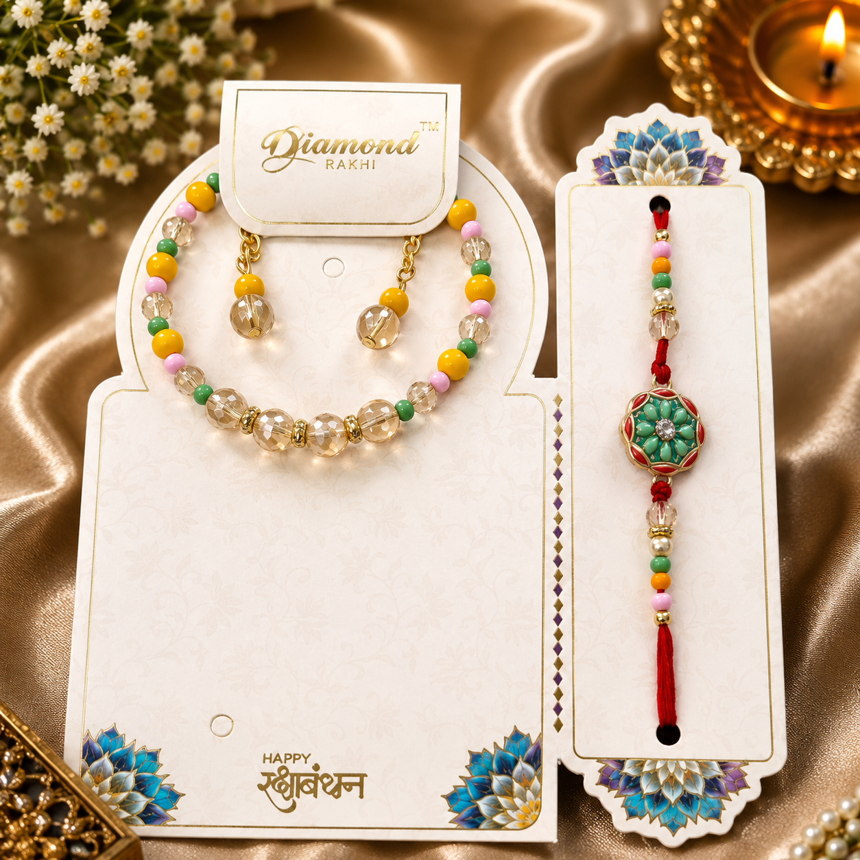 Designer Bhaiya Bhabhi Rakhi Set with Handcrafted Thread Beaded brasclet