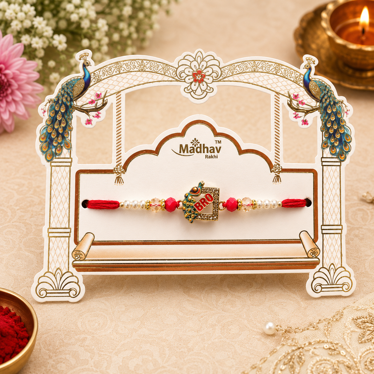 Premium AD BRO Designer Rakhi for Brother – Peacock Theme Rakhi