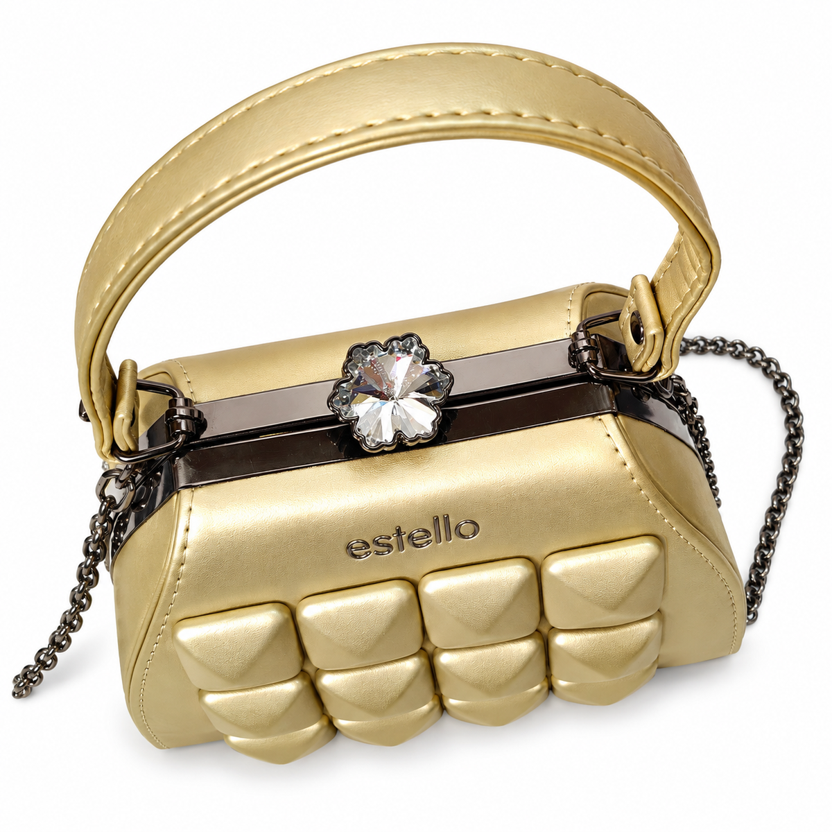 Elegant Gold Party Clutch with Chain Strap & Embellished Design Sling Bag / Handbag