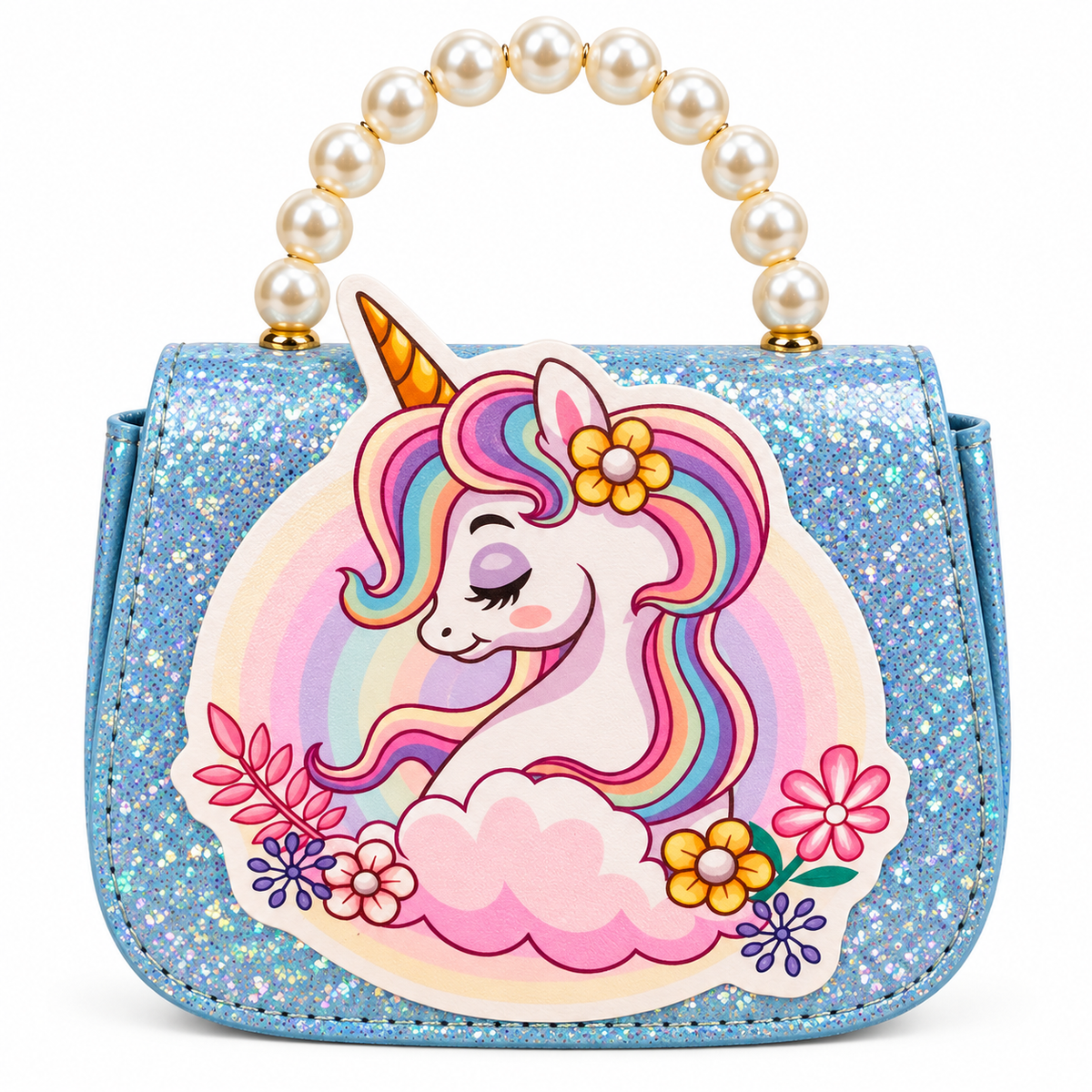 Girls Unicorn Sling Bag for Kids | Glitter Sequin Purse with Pearl Handle & Chain Strap | Cute Party Crossbody Bag