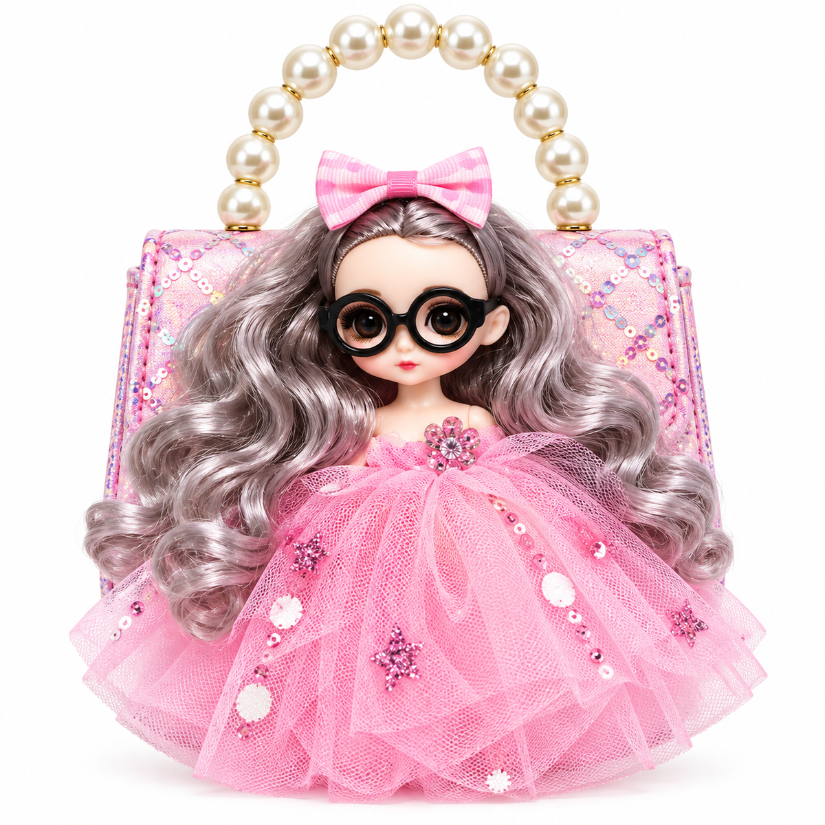 Girls Doll Sling Bag with Pearl Handle & Adjustable Shoulder Strap | Cute Sequin Party Purse for Kids