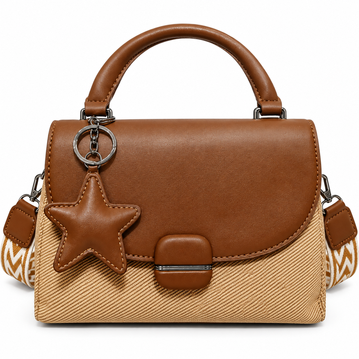 Elegant Brown & Beige Handbag with Star Charm, Top Handle & Printed Adjustable Strap