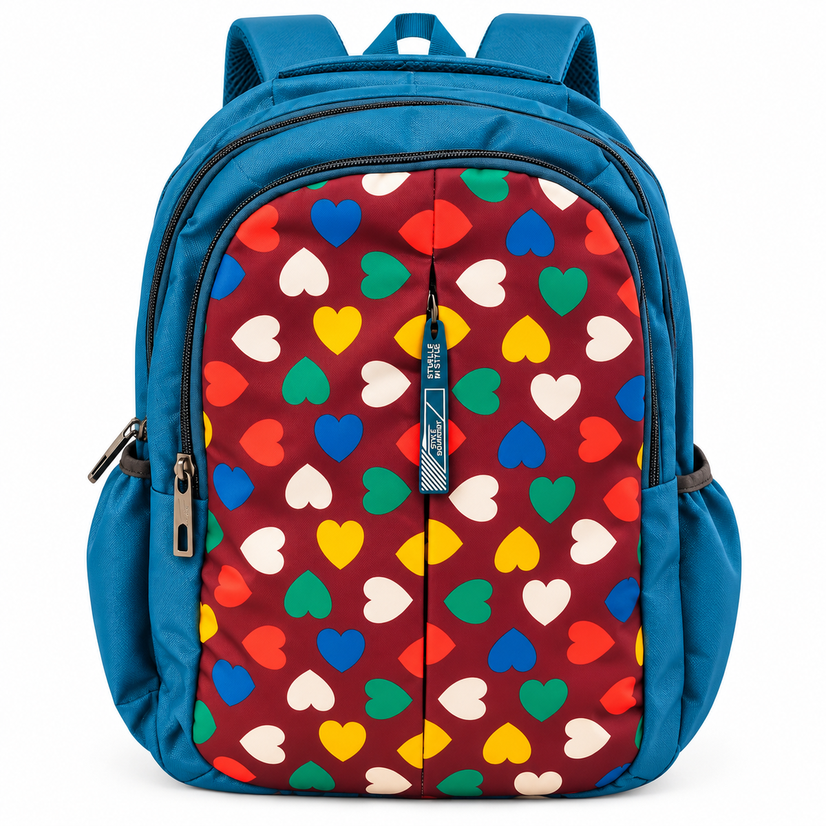 Blue School Backpack with 4 Zipper Compartments, Front Heart Print, Side Bottle Pockets &amp; Air Mesh Back – School &amp; Picnic Bag