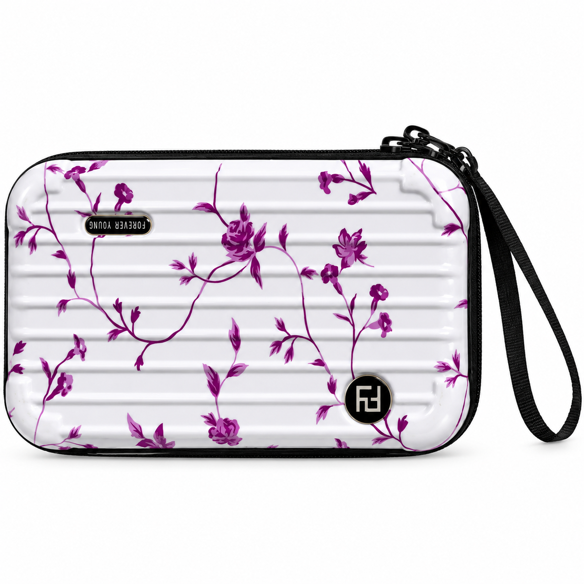 floral hard shell crossbody sling bag with adjustable strap and zip closure