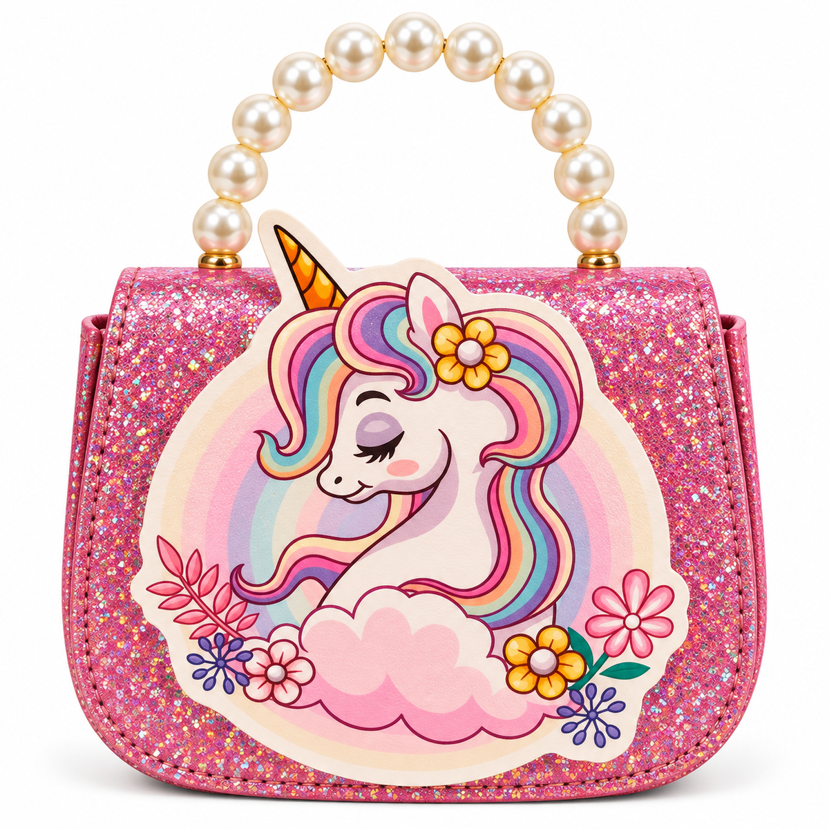 Girls Unicorn Sling Bag for Kids | Glitter Sequin Purse with Pearl Handle & Chain Strap | Cute Party Crossbody Bag