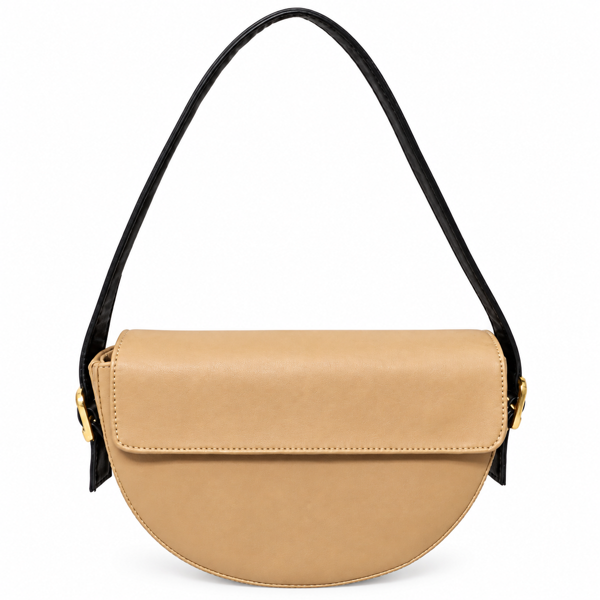 Elegant Tan & Black Saddle Sling Bag with Flap Design & Gold-Tone Details for Women & Girls