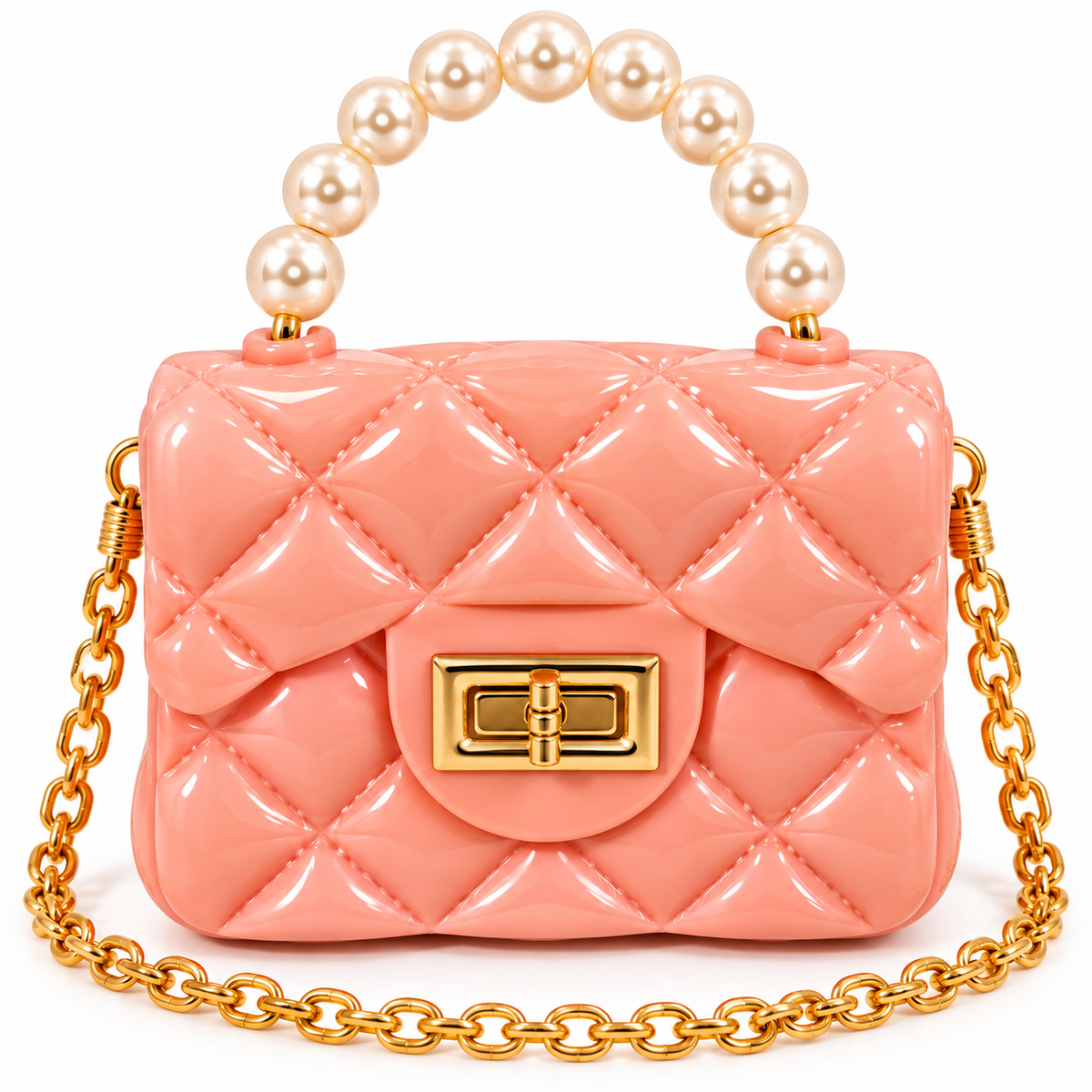 Girls Quilted Sling Bag with Pearl Handle & Gold Chain | Stylish Mini Shoulder Bag for Party & Casual Use
