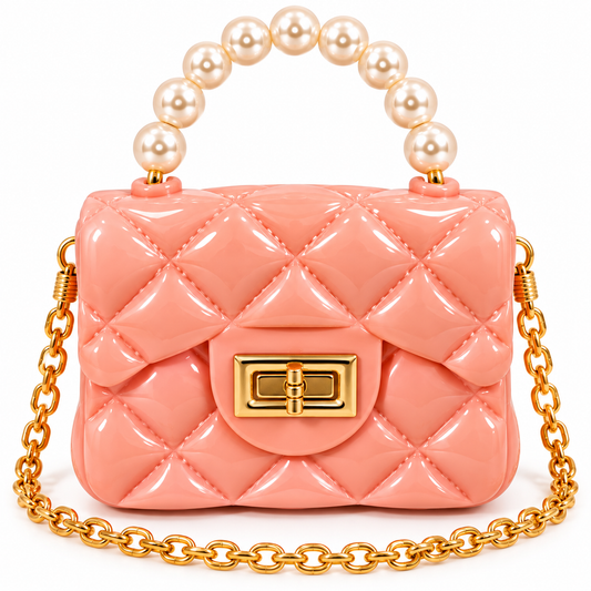 Girls Quilted Sling Bag with Pearl Handle & Gold Chain | Stylish Mini Shoulder Bag for Party & Casual Use