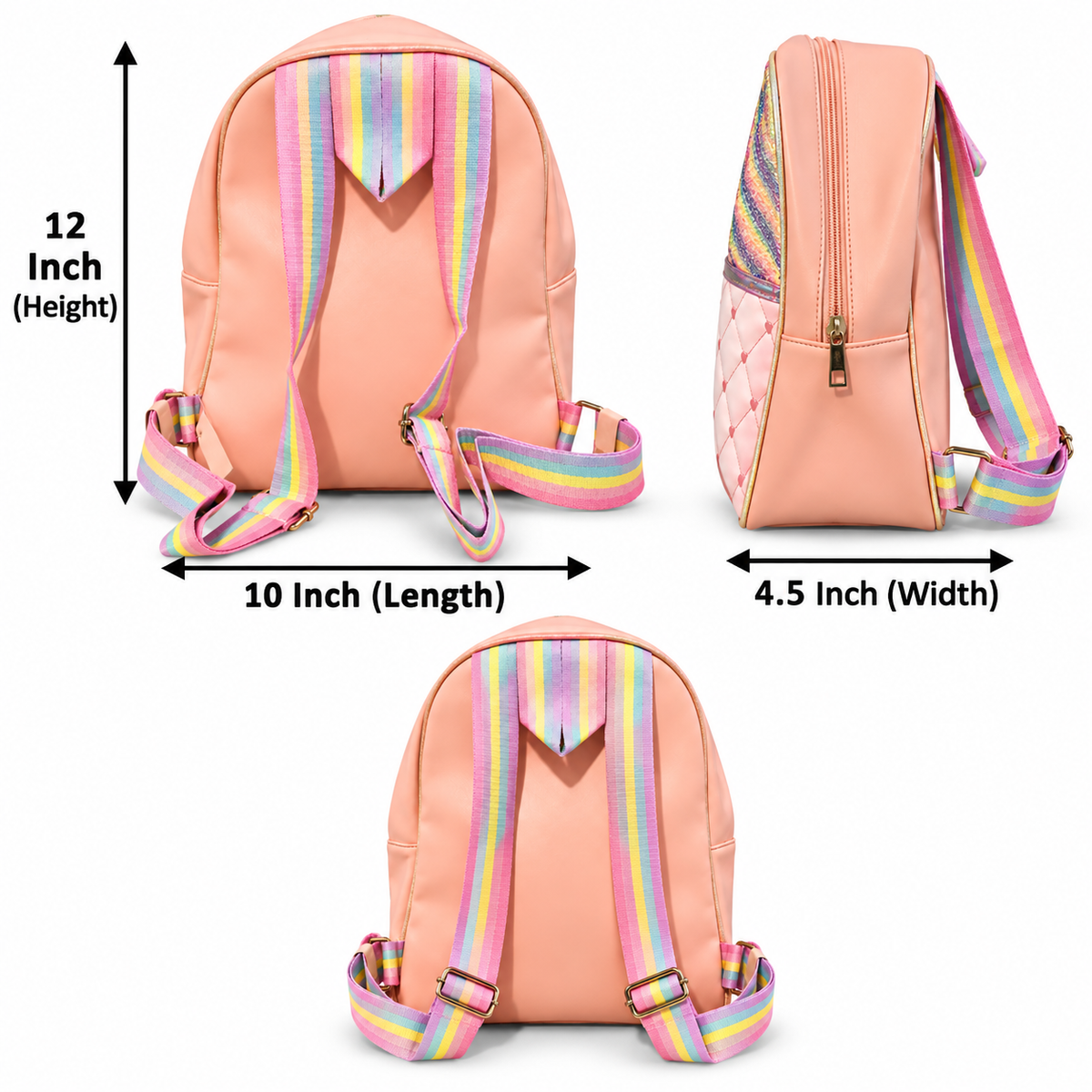 Girls Kids Backpack with Glitter Rainbow & Heart Design | Stylish School Bag | 1 Zipper Backpack