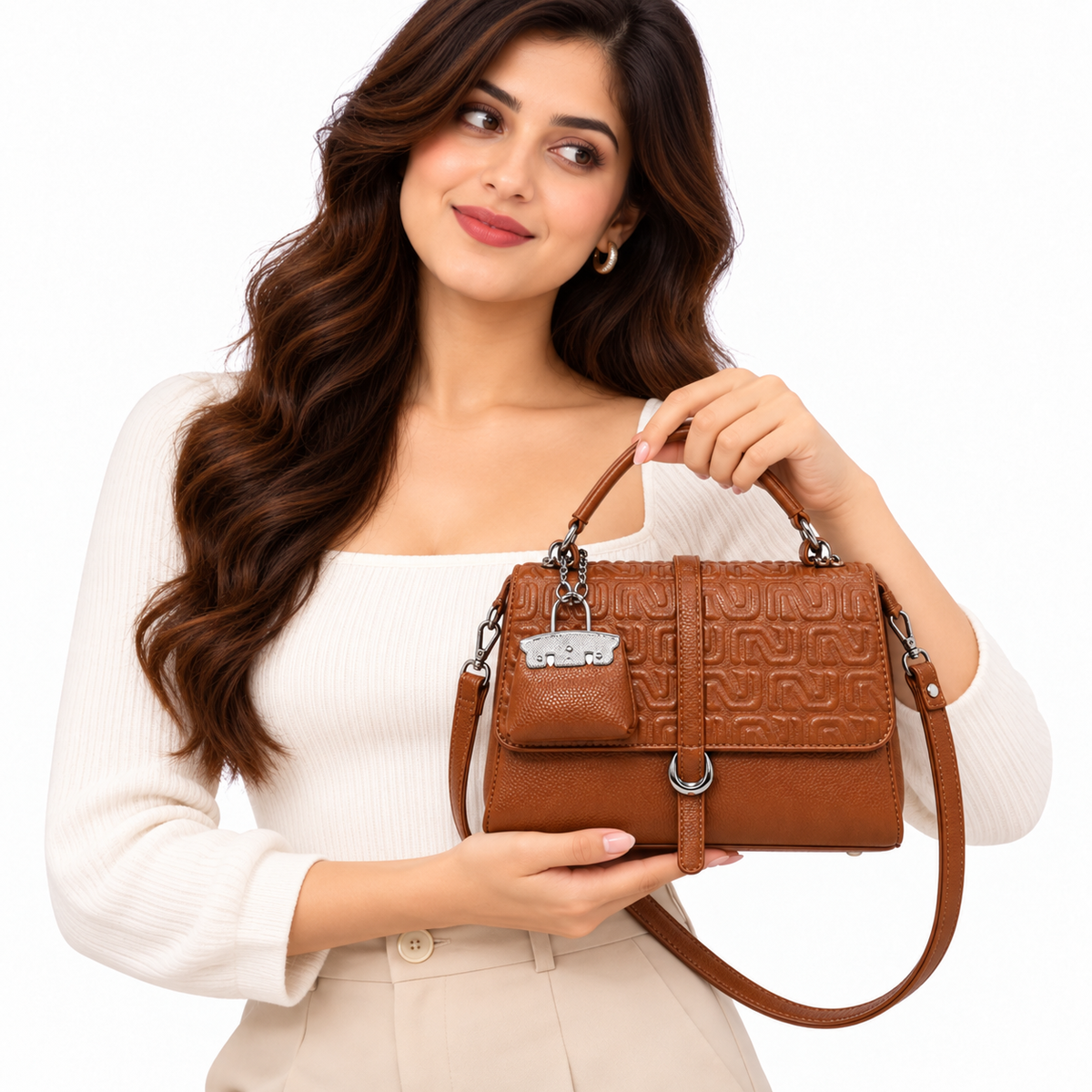 Elegant Brown Textured Handbag with Long Shoulder Strap & Mini Pouch