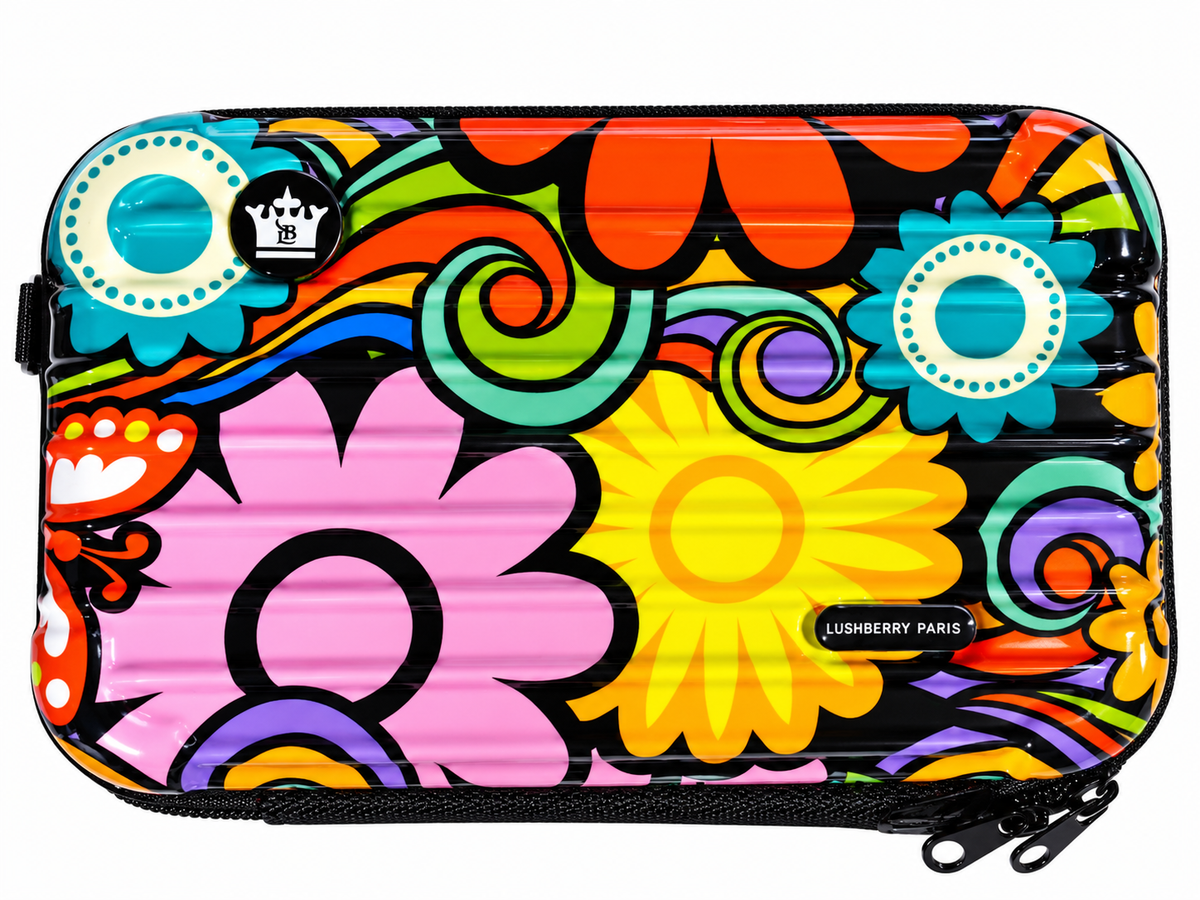 floral hard shell crossbody sling bag with adjustable strap and zip closure