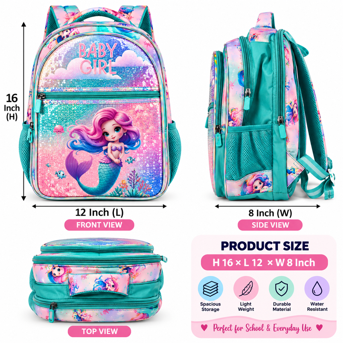 Girls Mermaid School Backpack | Colorful Lightweight Bag with Spacious Storage & Bottle Pocket
