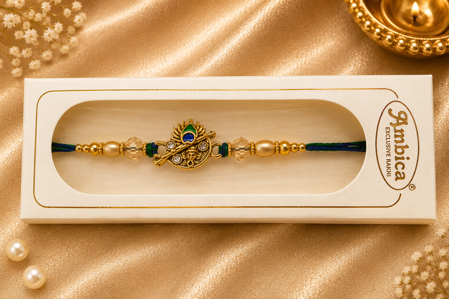 Premium AD Designer Ganesh Rakhi with Gift Box | Peacock Feather Charm Rakhi | Elegant Festive Rakhi