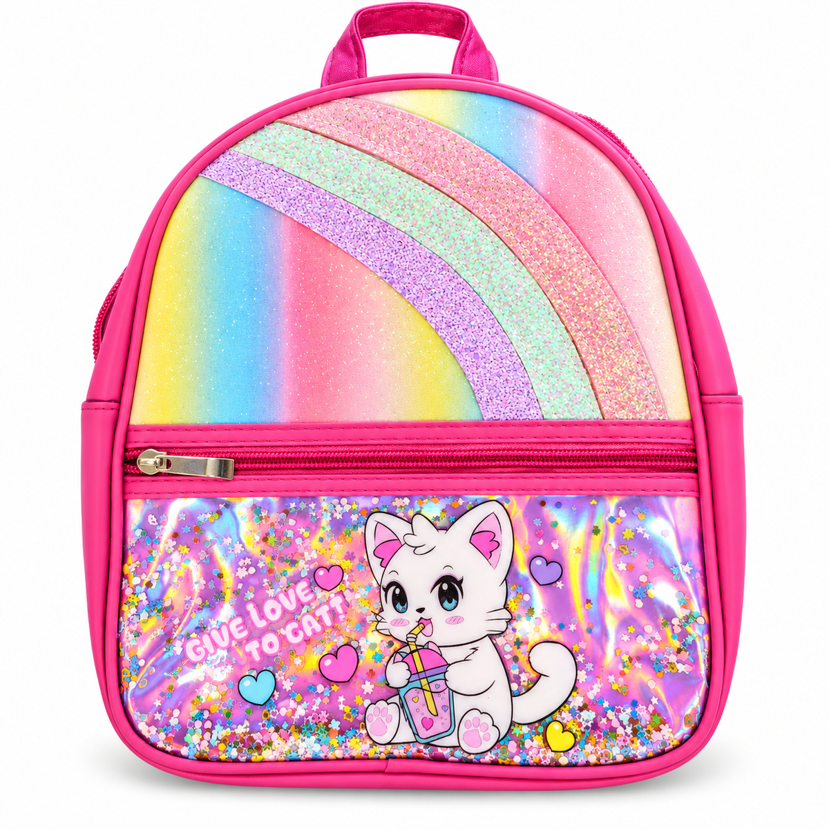 Girls Kids Backpack with Rainbow Glitter Design | Cute Cat Print School Bag | 2 Zipper Backpack