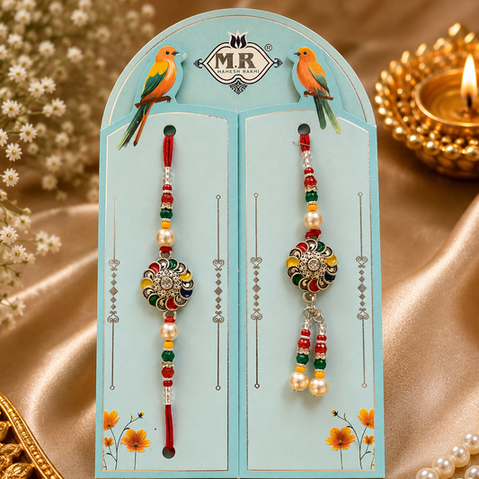 Designer AD Bhai Bhabhi Lumba Rakhi Combo with Pearl Beads