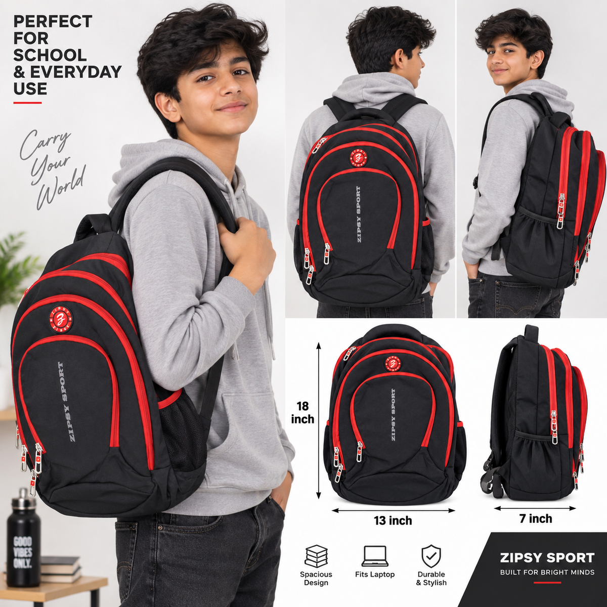 Zipsy Sport Backpack for Men & Women | 5 Zipper Spacious School, College & Travel Bag with Side Zipper & Bottle Holder