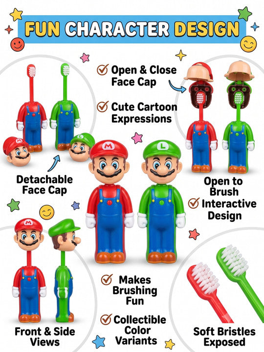 Kids Cartoon Character Toothbrush Collection – Mario, Luigi, Robot, Cat & Bear